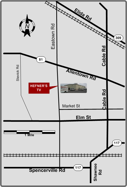 Map to Hefner's TV, 712 N Eastown Rd, Lima Oh 45807